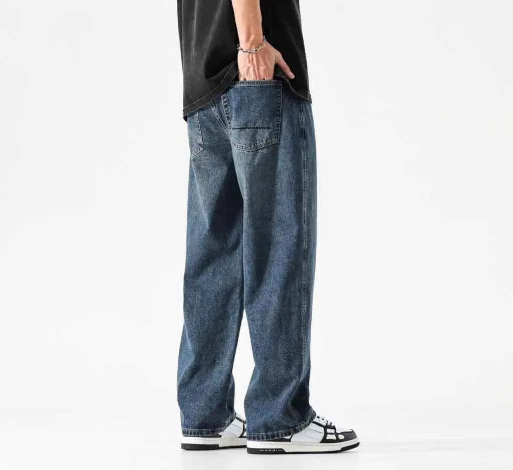 Wide Leg Jeans Men Baggy Pants Summer Straight Cut Loose Retro Blue Denim Pants Streetwear Fashion Pockets Vintage Man Clothes