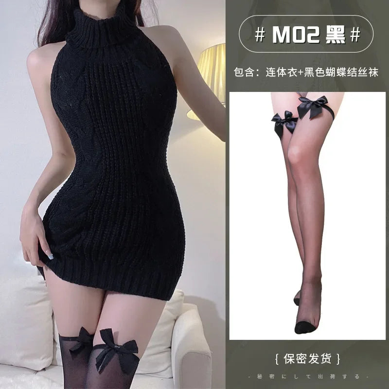 High Neck Knitted Sweater Sexy Backless Women New Dress Sleeveless Charm Solid Color Mature Fashion Elegant Soft Resilient AK74 - GONZALES ONLINE SHOP