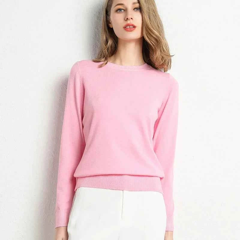 Women Slim O-Neck Solid Pullover Cashmere Wool Blending Sweater Autumn And Winter Long-Sleeved Knit Bottoming Shirt Large Size