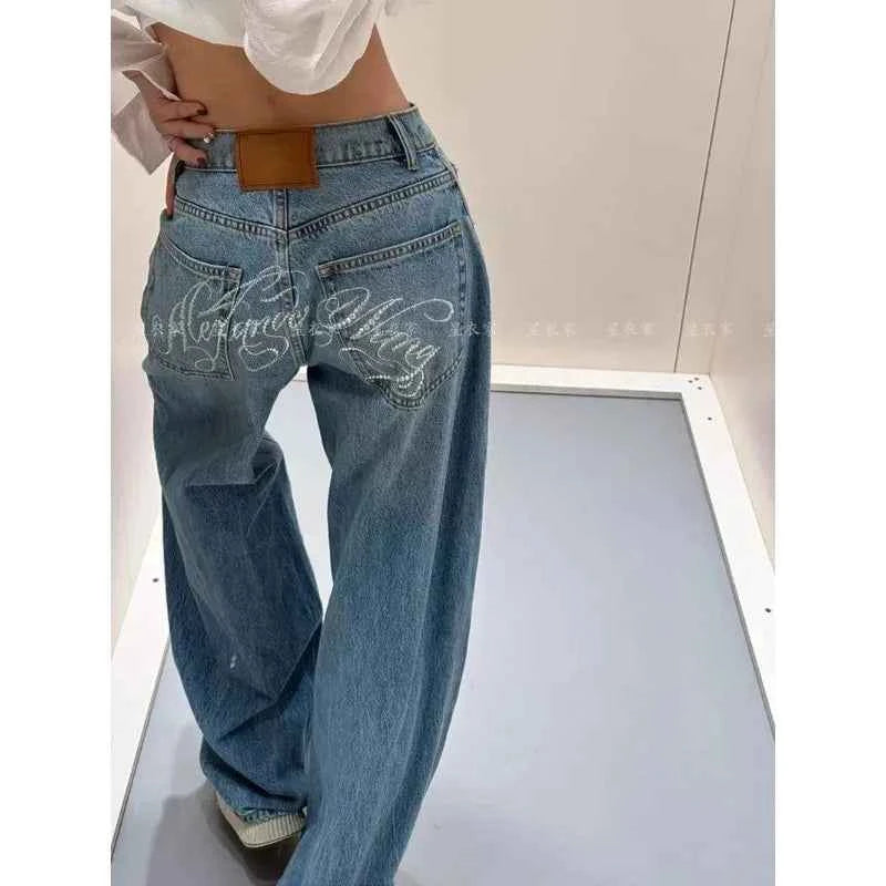 Loose Wide Leg Womens Jeans Casual Pants Trousers Vintage Retro Design American Style Chic Distressed Oversized Fashion