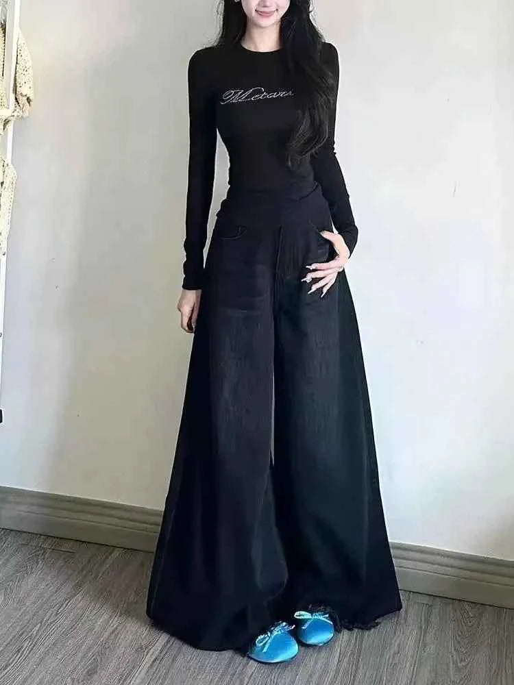 Wide Leg Jeans Women Denim Pants Vintage Straight Trousers Autumn Spring Fashion Female Black Casual Jeans Wide Leg Pants
