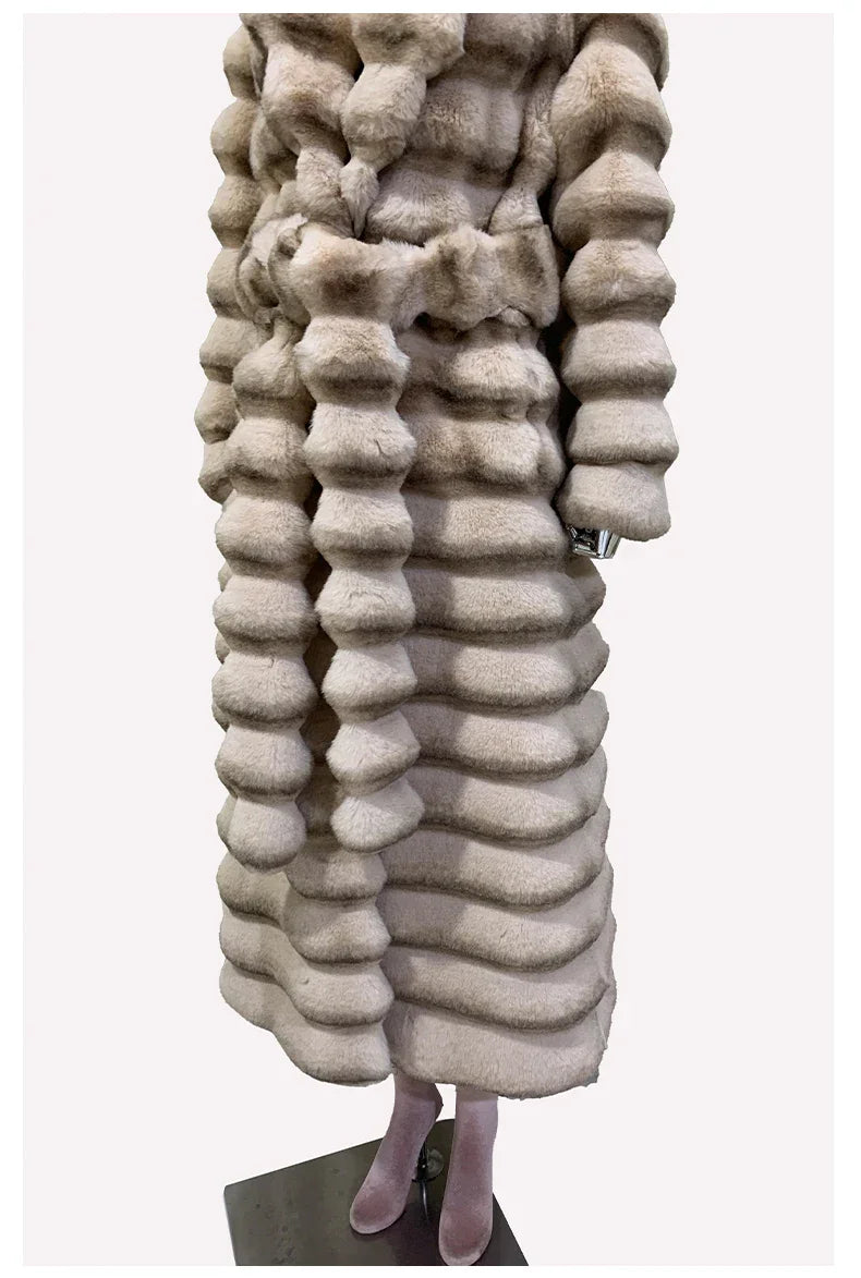Nerazzurri Winter Long Striped Thick Warm Fluffy Faux Chinchilla Fur Coat Women Shawl Collar Elegant Chic Luxury Furry Overcoat - GONZALES ONLINE SHOP