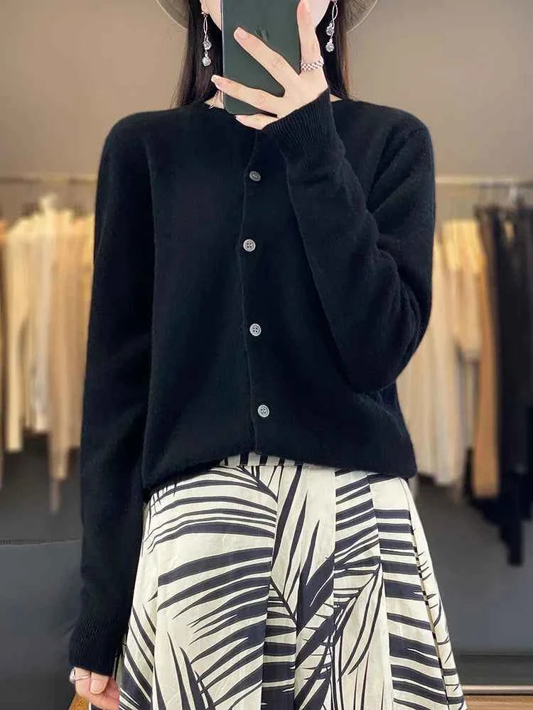 100% Merino Wool Sweater Women O-Neck Cardigan Basic Style Buttoned Knitwear Female Casual Autumn Winter Soft Tops