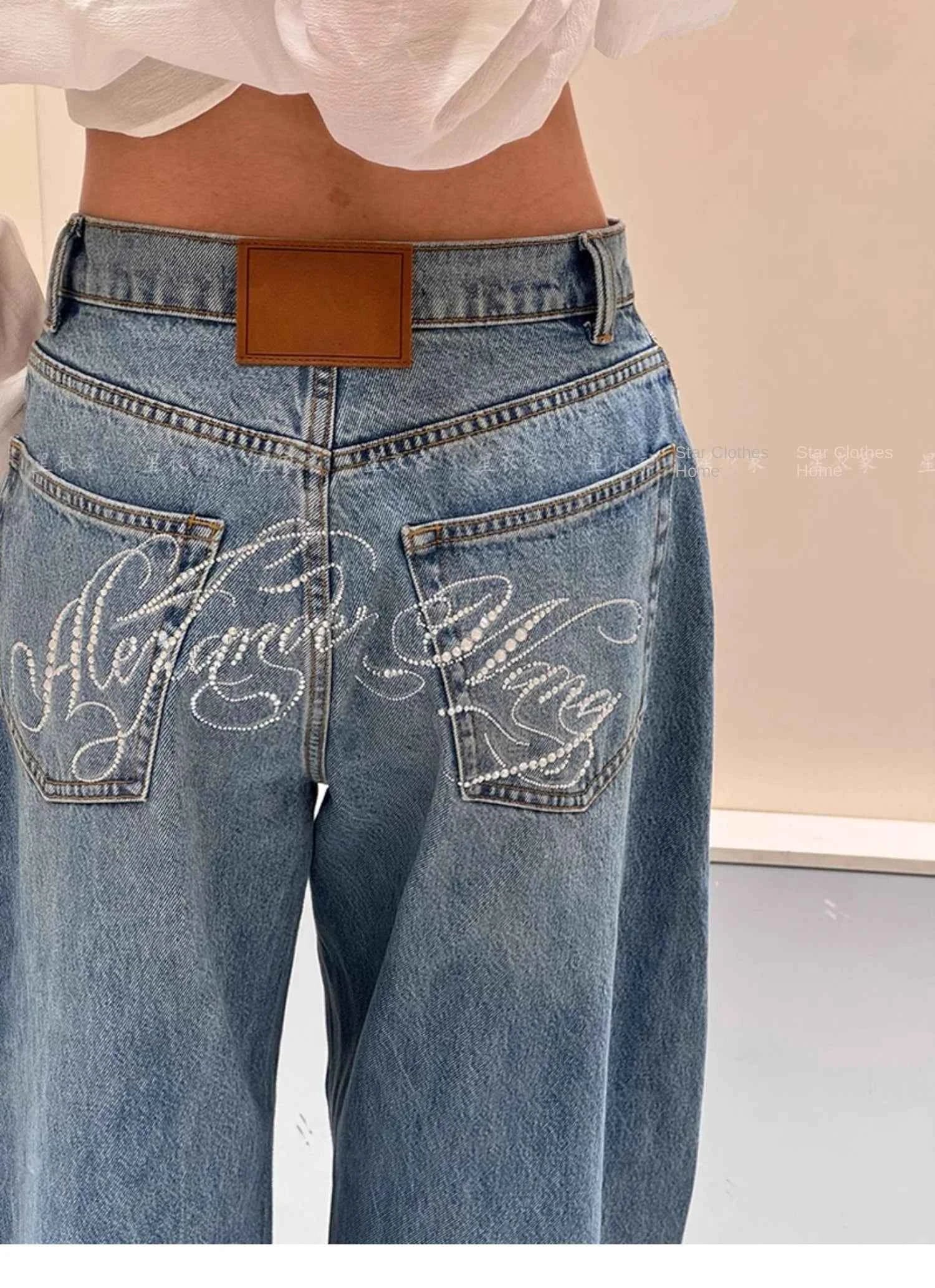Loose Wide Leg Womens Jeans Casual Pants Trousers Vintage Retro Design American Style Chic Distressed Oversized Fashion