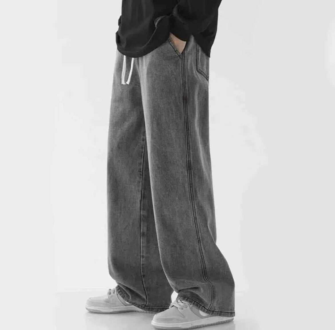 2026 Spring Drawstring Elastic Waist Men's Jeans Straight Wide Leg Loose Trend Casual Pants Pants