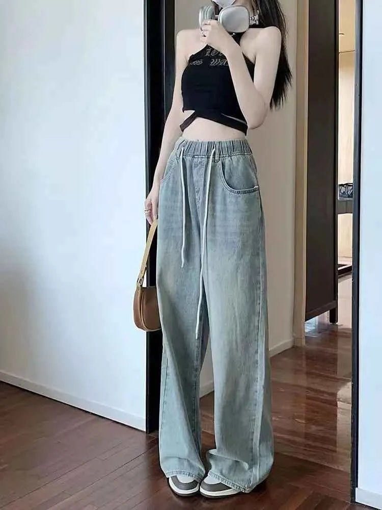 Waist Drawstring Jeans for Women in Spring Summer Korean Version Ins High Waist Slimming Student Straight Wide-leg Floor Pants