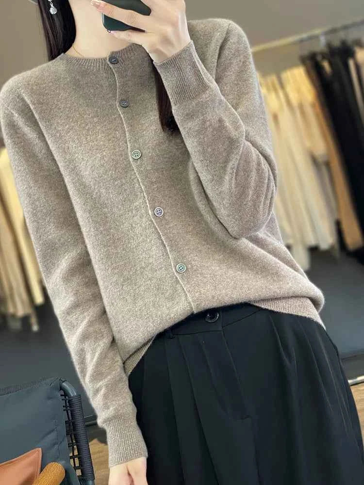 100% Merino Wool Sweater Women O-Neck Cardigan Basic Style Buttoned Knitwear Female Casual Autumn Winter Soft Tops