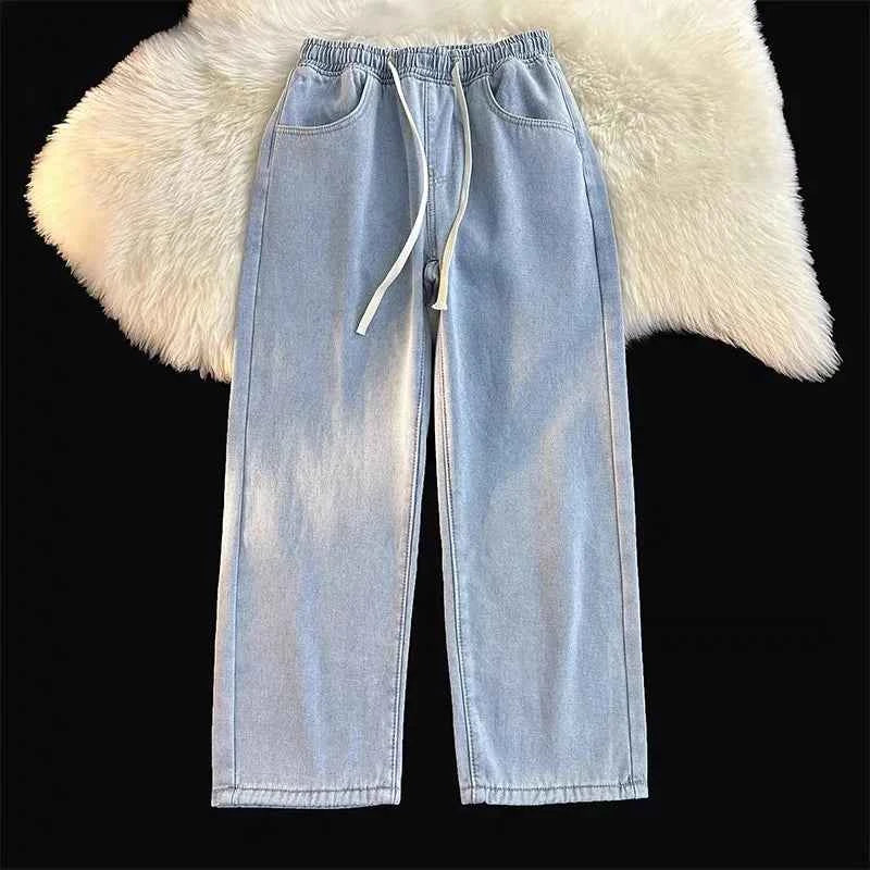 High Waist Straight Leg Dstring Jeans Women's Spring Autumn Slimming Drapey Lazy Sle Floor Length Trousers