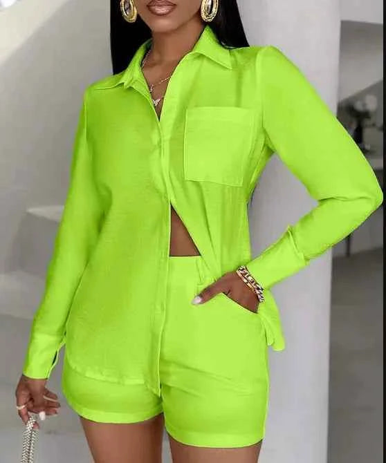 Fashion Two Piece Outfits Women's Turn-down Collar Pocket Design Button Shirt Top & Shorts Set New Summer Women Solid 2pcs Sets