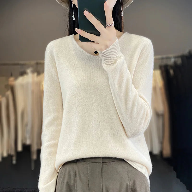 Women 100% Merino Wool Sweater V-Neck Basic Pullover Autumn Winter Cashmere Clothing Long Sleeve Soft Knitwear Tops Solid Color GONZALES ONLINE SHOP