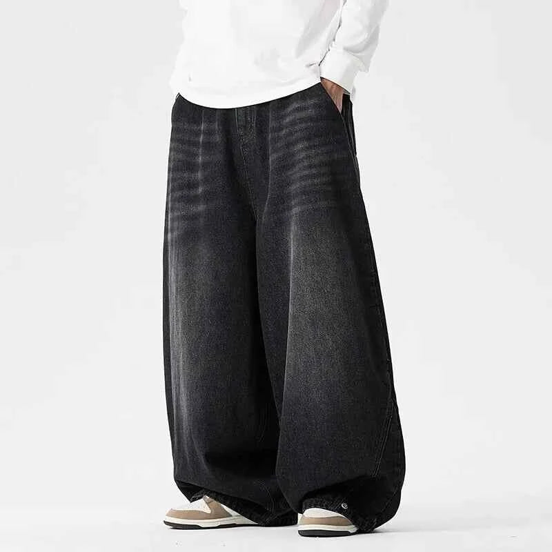 Denim Wide Leg Pants Mens Fashion Casual Pants Loose Hip Hop Lantern Pants Streetwear Jeans Male Elastic Waist Trousers Oversize