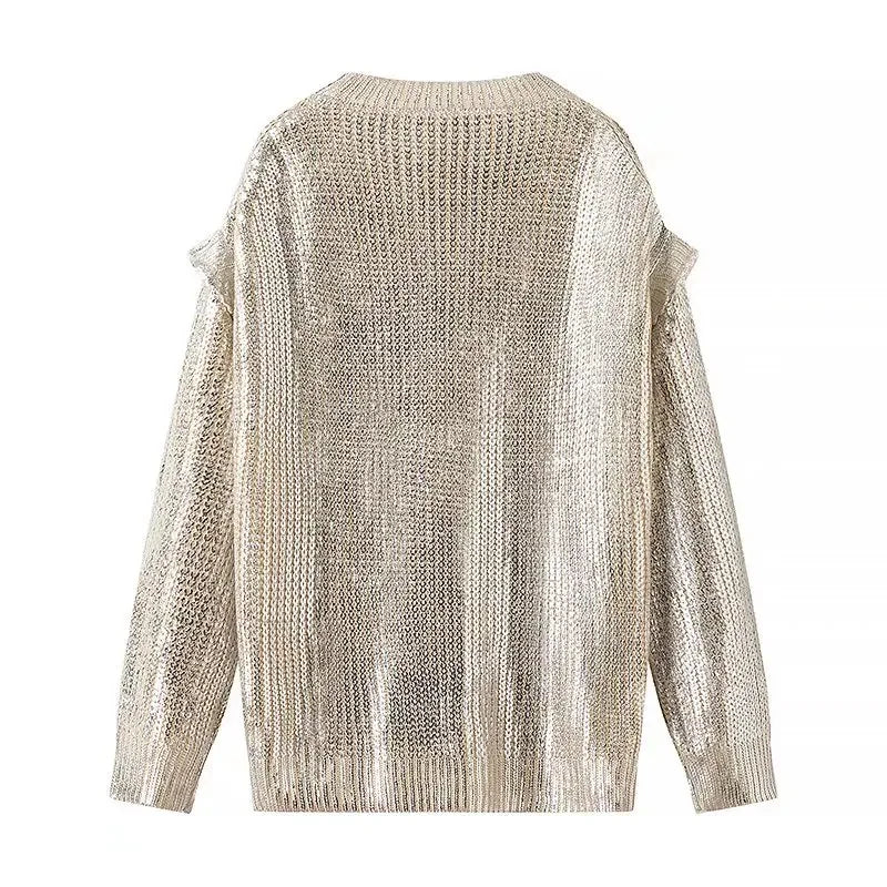 2024 Spring Women Retro Bronzing Silver Sweater Drop Shoulder Long Sleeve Rib Knitted Pullover Knitwear Jumper - GONZALES ONLINE SHOP