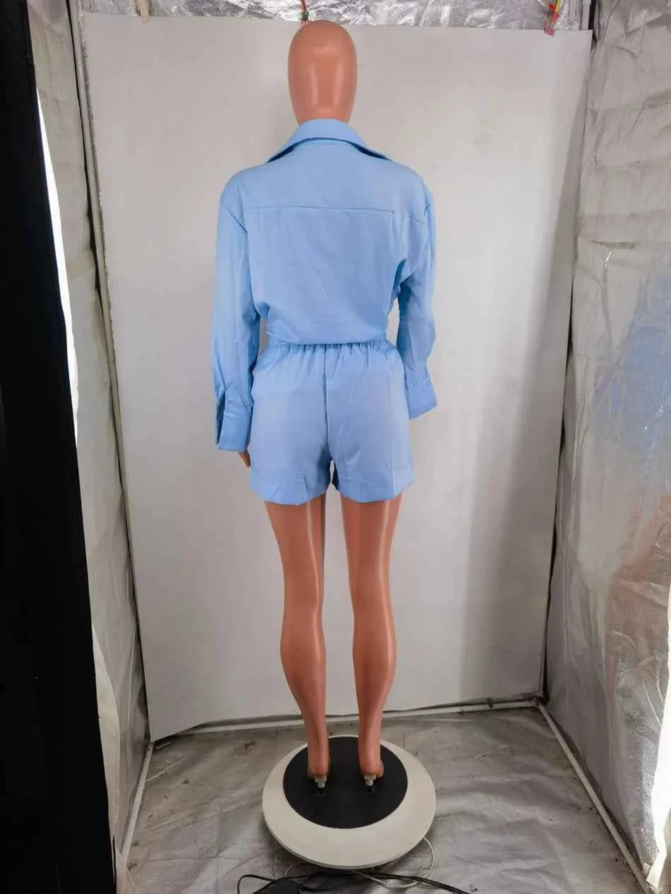 Women Long Sleeve 2 Pieces Sets Casual Simple Button Pockets Short Pant with Shirts Tops 2026 Summer Fashion Suit Female Outfits