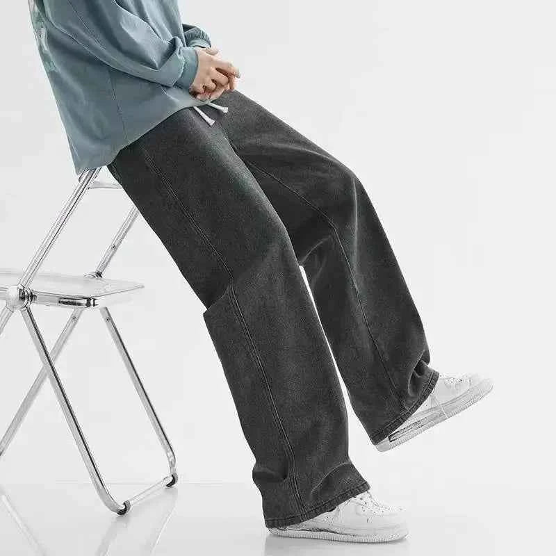 Autumn Jeans Men's Baggy Straight Drawstring Elastic Waist Personality Fashion Vintage Denim Trousers Streetwear 3XL