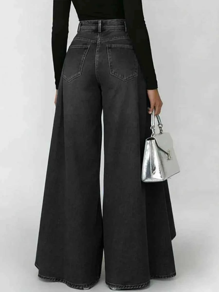 High Waisted Wide Leg Jeans For Women Asymmetrical Hem Loose Fit Denim Pants Streetwear Fashion With Pockets Casual Trousers