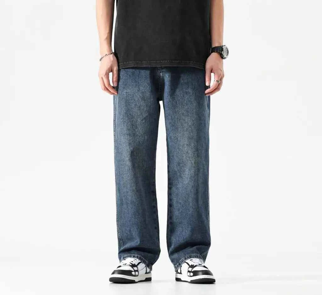 Wide Leg Jeans Men Baggy Pants Summer Straight Cut Loose Retro Blue Denim Pants Streetwear Fashion Pockets Vintage Man Clothes