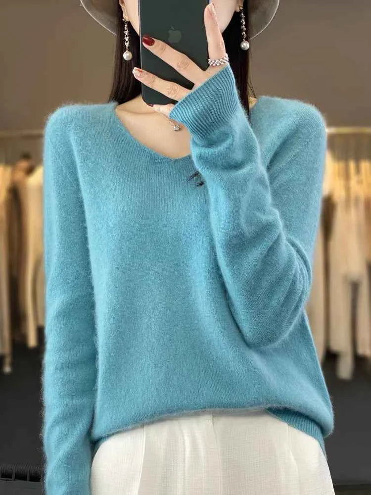Fashion100% Merino Wool Sweater Cashmere Pullover Women Knitwear V-Neck Long Sleeve Autumn Winter Fashion Basic Clothing Tops