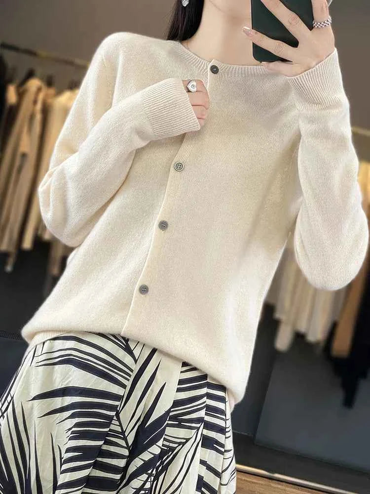 100% Merino Wool Sweater Women O-Neck Cardigan Basic Style Buttoned Knitwear Female Casual Autumn Winter Soft Tops