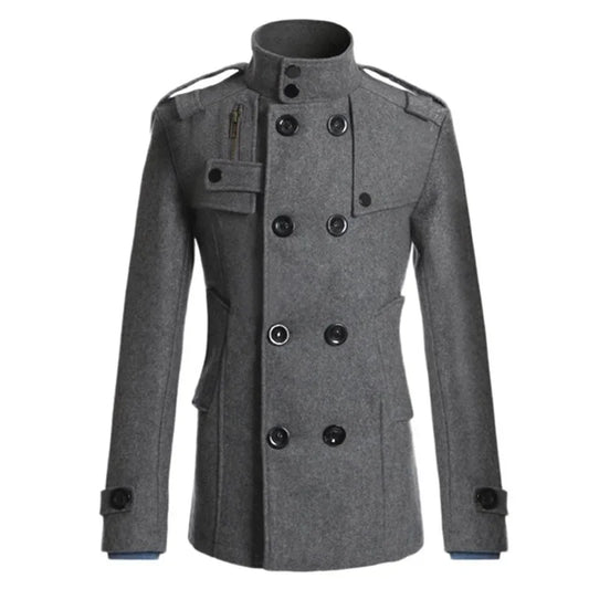 Men s Solid Color Trench Coat Long Sleeve Stand Collar Double Breasted Warm Soft Wool Overcoat - GONZALES ONLINE SHOP