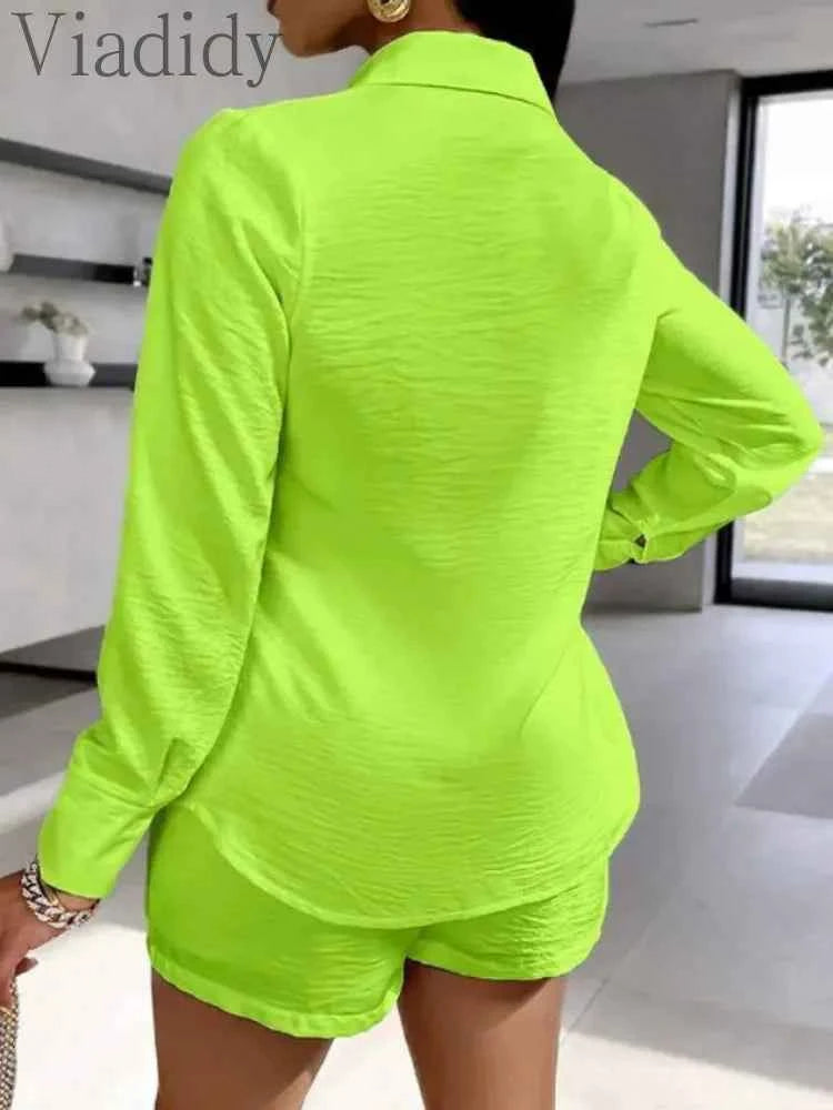 Women's Casual Solid Color Turn Down Collar Long Sleeve Shirt Blouse and High Waist Shorts 2pcs Set