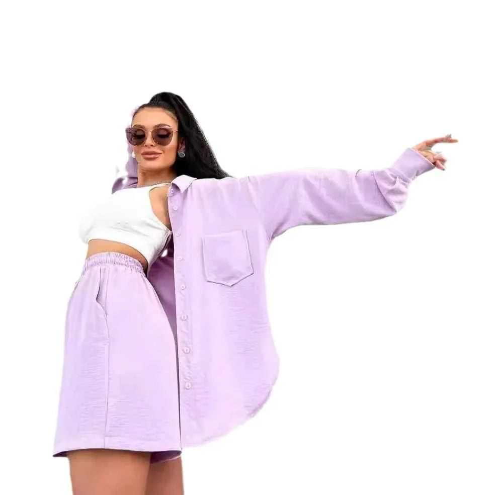 Three sisters 2025 New Summer Women's Solid Single breasted Long Sleeve Shirt Loose Fashion Casual Shorts Beach Wholesale suit