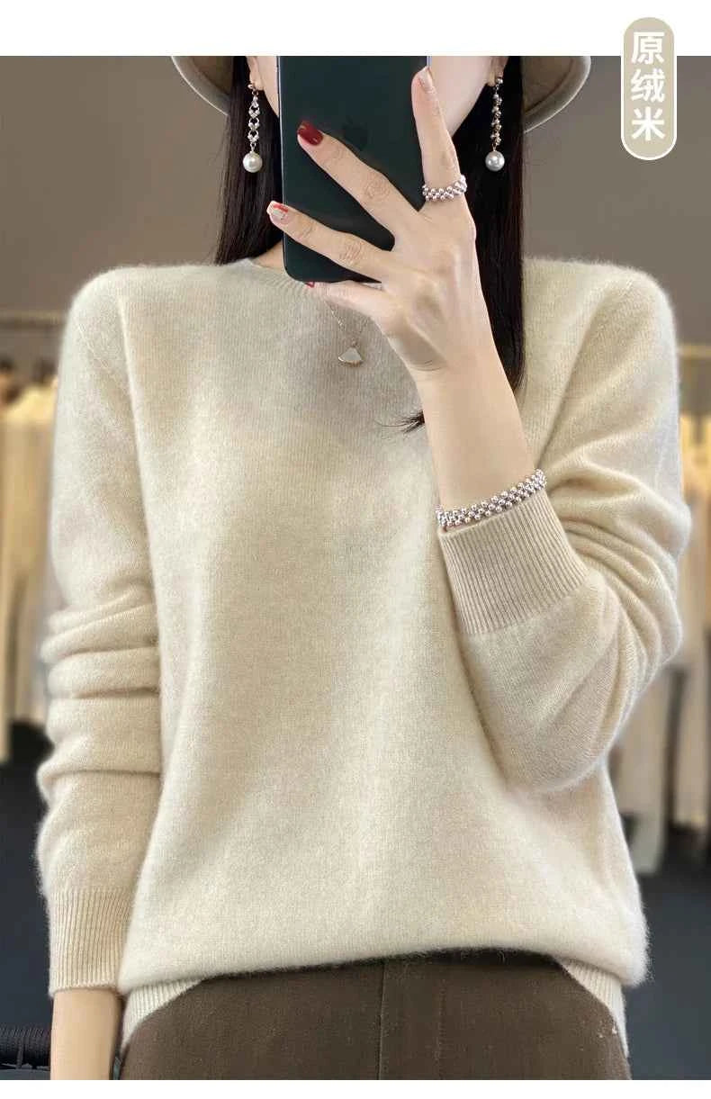 100% Merino Wool Sweater Women O-neck Cashmere Knitwear Female Pullover Autumn Winter Casual Tops Solid Color Soft Clothing