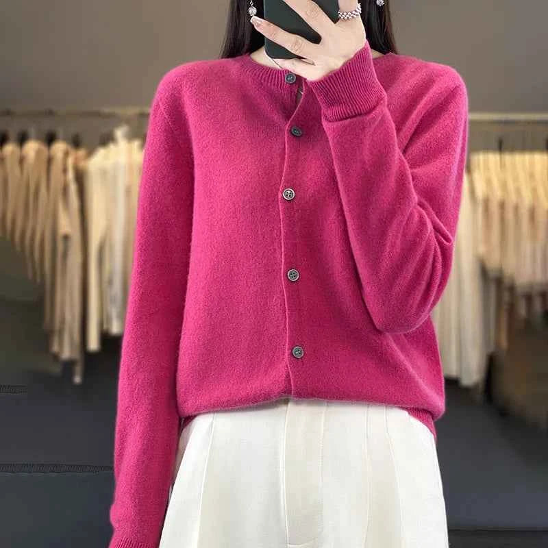 100% Merino Wool Sweater Women O-Neck Cardigan Basic Style Buttoned Knitwear Female Casual Autumn Winter Soft Tops