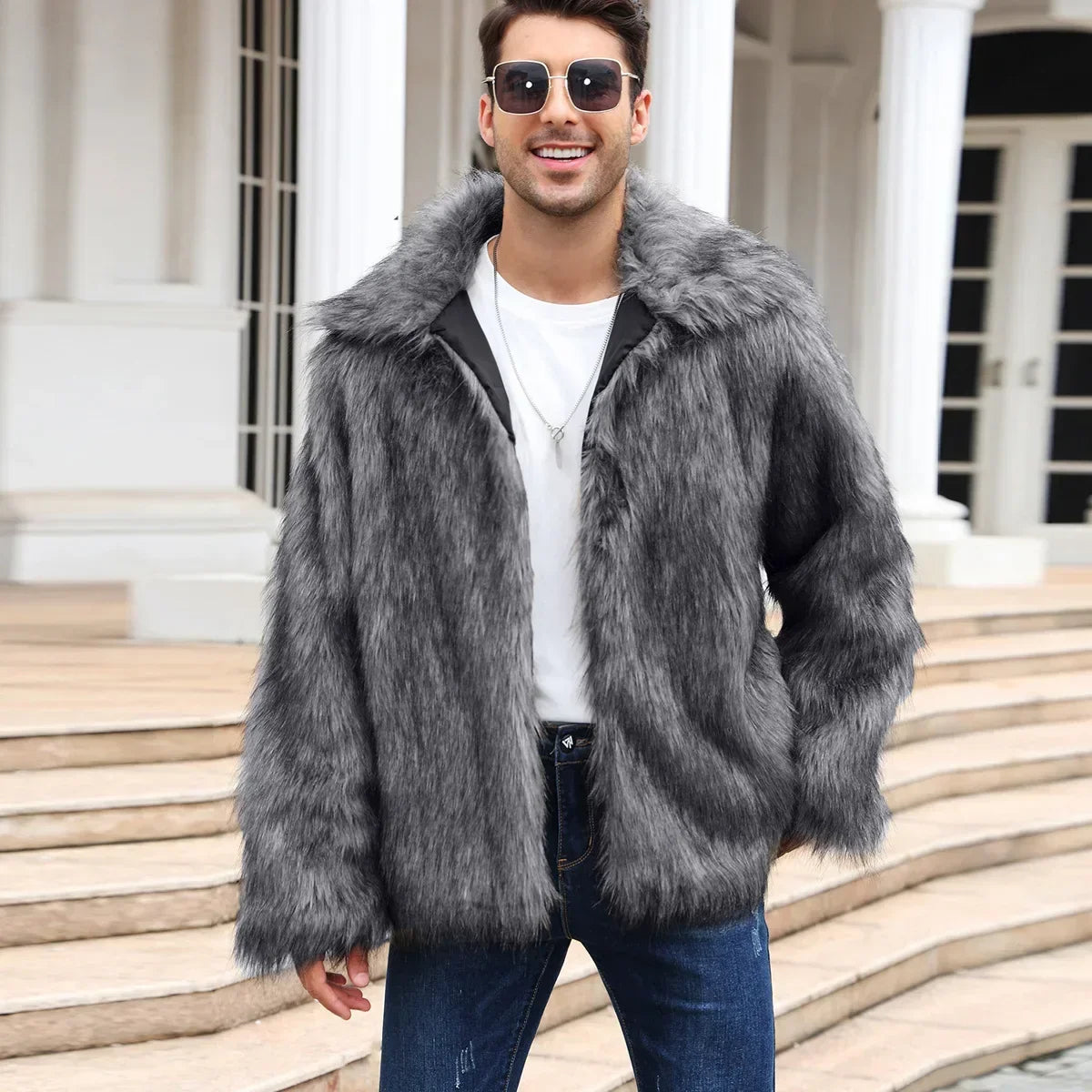 Men Faux Fox Fur Jacket Coat Winter Thick Fluffy Long Sleeve Lapel Warm Shaggy Outerwear Luxury Fur Jacket Bontjas Jackets Mens - GONZALES ONLINE SHOP
