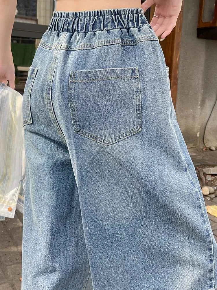 High Waist Slimming Drawstring Tie Elastic Waist Floor-Length Curved Sickle Pants 2026 Spring New Women's Trendy Wide Leg Jeans