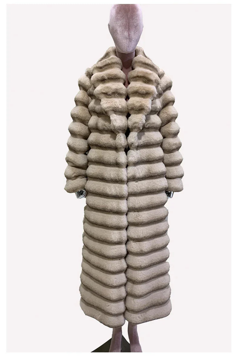 Nerazzurri Winter Long Striped Thick Warm Fluffy Faux Chinchilla Fur Coat Women Shawl Collar Elegant Chic Luxury Furry Overcoat - GONZALES ONLINE SHOP
