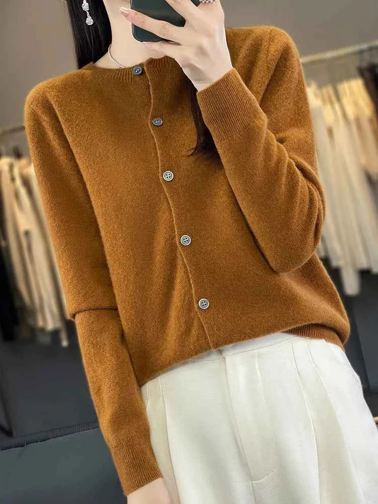 100% Merino Wool Sweater Women O-Neck Cardigan Basic Style Buttoned Knitwear Female Casual Autumn Winter Soft Tops