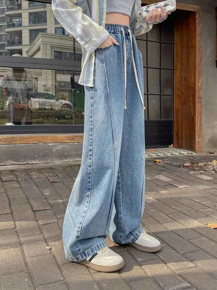 High Waist Slimming Drawstring Tie Elastic Waist Floor-Length Curved Sickle Pants 2026 Spring New Women's Trendy Wide Leg Jeans