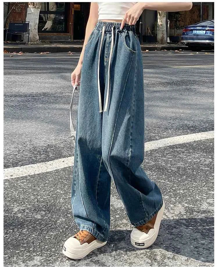High Waist Slimming Drawstring Tie Elastic Waist Floor-Length Curved Sickle Pants 2026 Spring New Women's Trendy Wide Leg Jeans