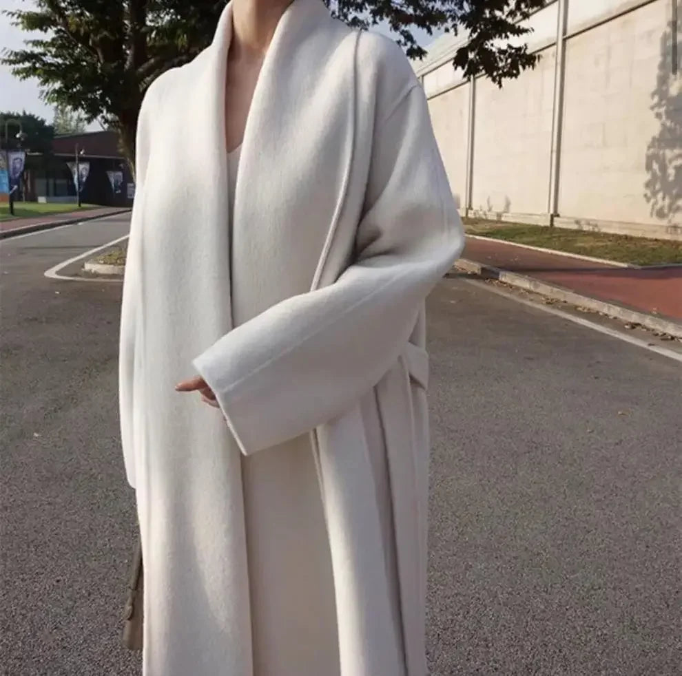 Elegant Korea Chic Woolen Coat for Women - Long Sleeve Loose White Overgarment for Autumn Winter 2023 - GONZALES ONLINE SHOP