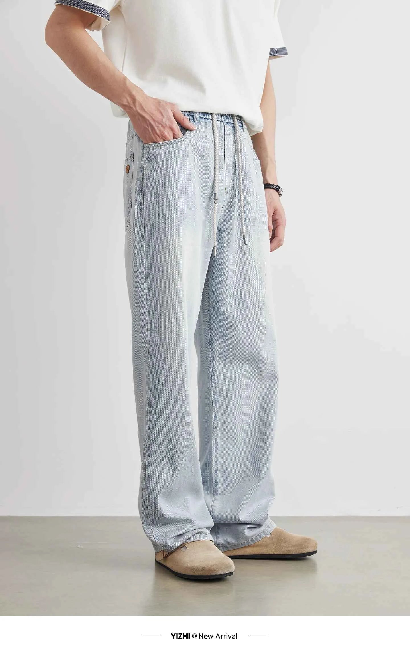 Fashion Men's Drawstring Elastic Waist Street Style Drape Jeans 2025 Summer Light Blue Washed Loose Straight Casual Pants