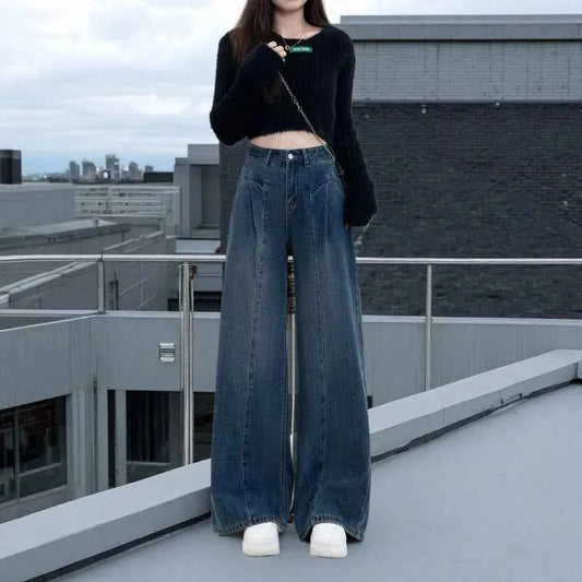 Retro Wide-leg Jeans in Spring Summer and Autumn New High-waist Loose Slim Casual and Versatile Floor Straight Trousers