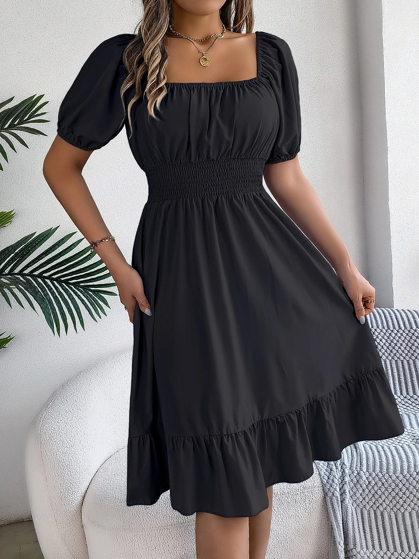 2024 New Fashion Solid Puff Sleeve Square Neck Ruched Bust Ruffle Hem Wasit Dress, Women's Clothing GONZALES ONLINE SHOP