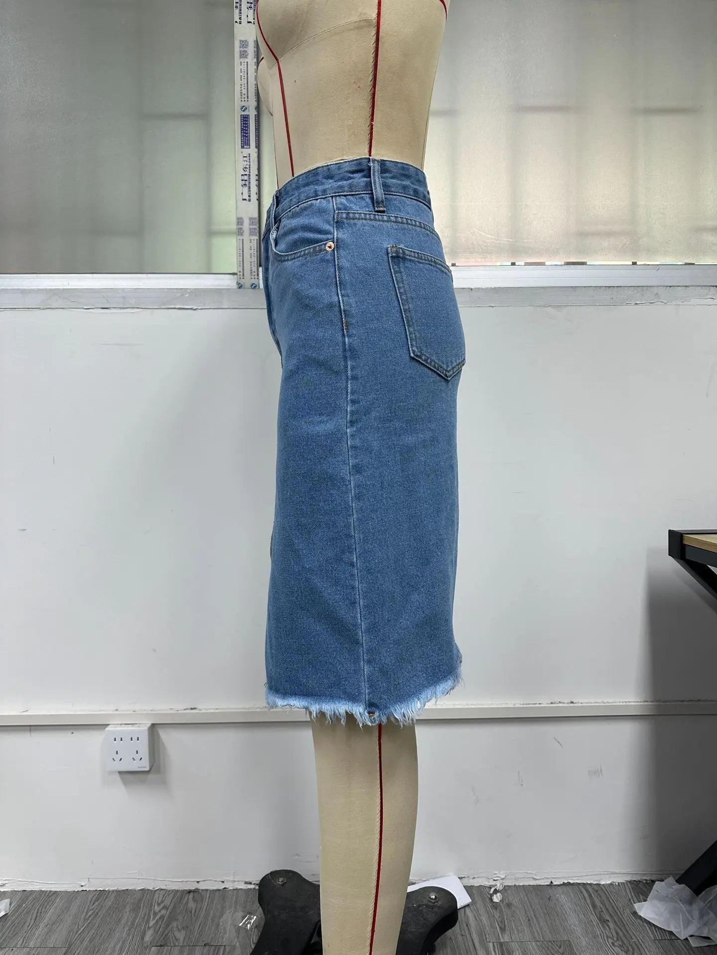 Women Slit Denim Half Skirt Hand Frayed Tassel Raw Edge Skirt Vintage Retro Korean Jean Long Office Lady Slim Fit High Waisted GONZALES ONLINE SHOP