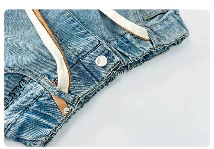 High Quality Kids Straight Fit Drawstring Jeans for Boy Girl Brief High Waist Denim Pants Unisex Child Casual Jeans Trousers