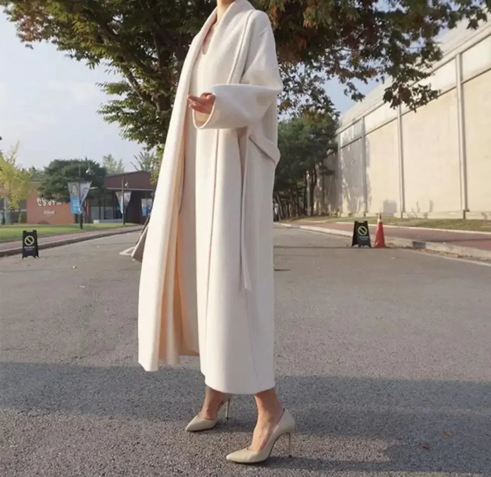 Elegant Korea Chic Woolen Coat for Women - Long Sleeve Loose White Overgarment for Autumn Winter 2023 - GONZALES ONLINE SHOP