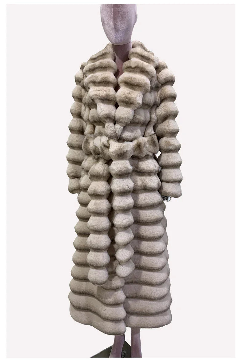Nerazzurri Winter Long Striped Thick Warm Fluffy Faux Chinchilla Fur Coat Women Shawl Collar Elegant Chic Luxury Furry Overcoat - GONZALES ONLINE SHOP