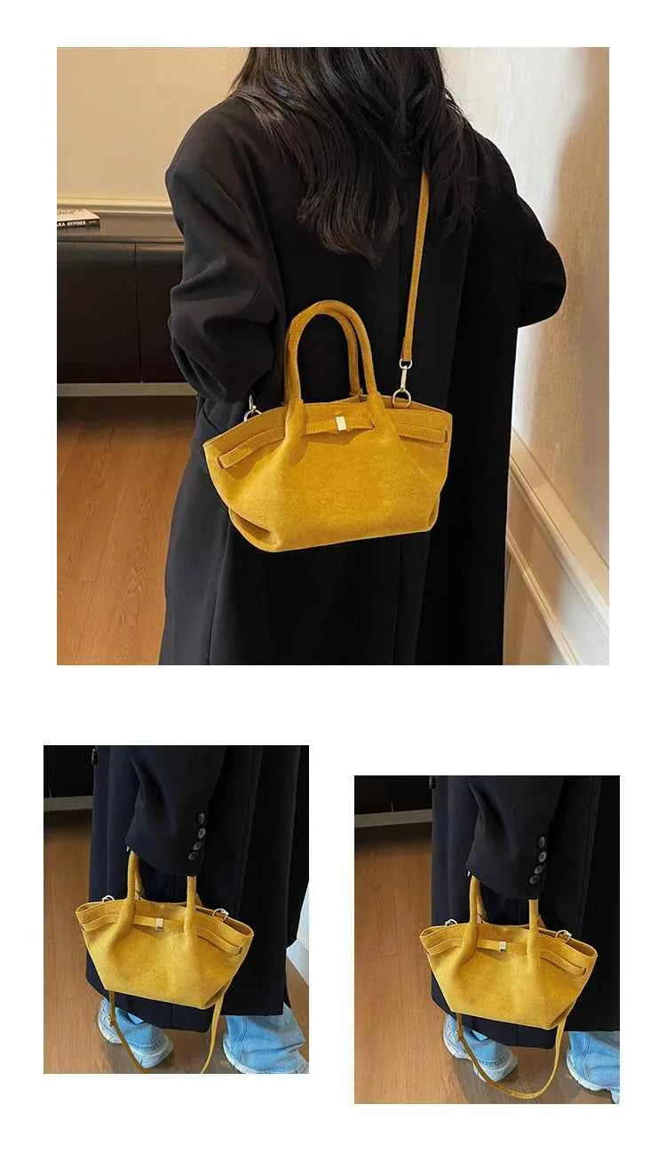 Matte Leather Suede Tote Handbags for Women Large Capacity Retro Shoulder Bag Fall Winter Belt Design Female Crossbody Bags