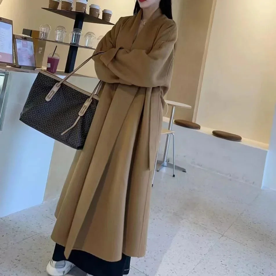 Elegant Korea Chic Woolen Coat for Women - Long Sleeve Loose White Overgarment for Autumn Winter 2023 - GONZALES ONLINE SHOP