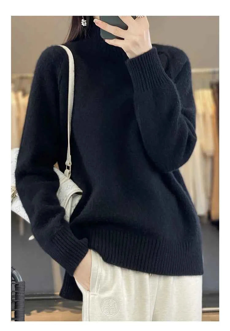 Women's High-Necked Cashmere Sweater 100% Soft Wool Thickened Lazy Raglan Sweater with Slit for Autumn Winter Comfortable Waxy W