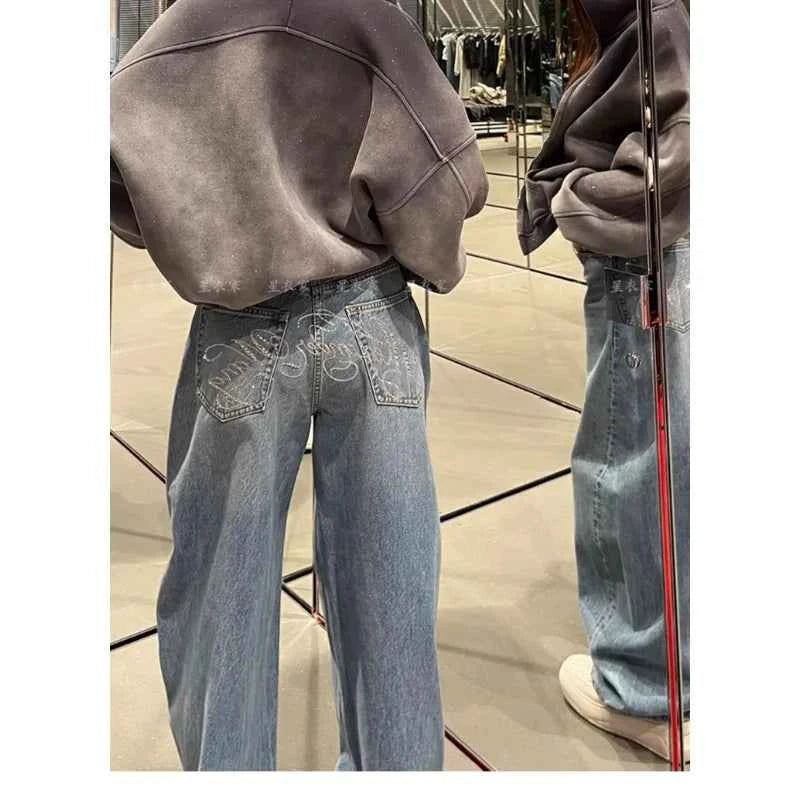 Loose Wide Leg Womens Jeans Casual Pants Trousers Vintage Retro Design American Style Chic Distressed Oversized Fashion