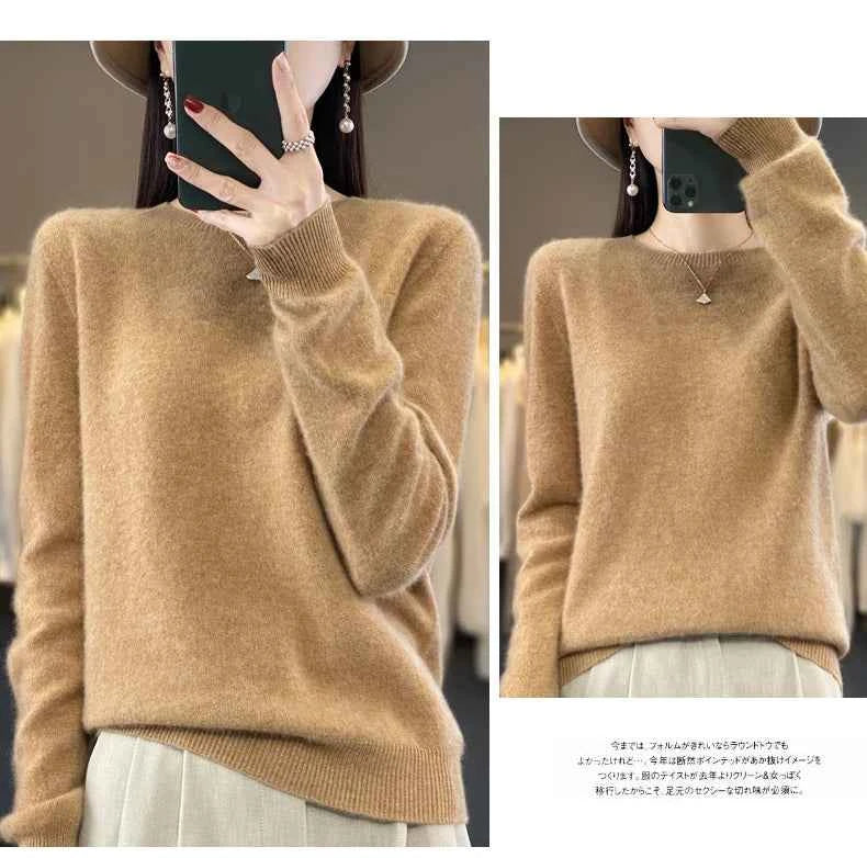 100% Merino Wool Sweater Women O-neck Cashmere Knitwear Female Pullover Autumn Winter Casual Tops Solid Color Soft Clothing