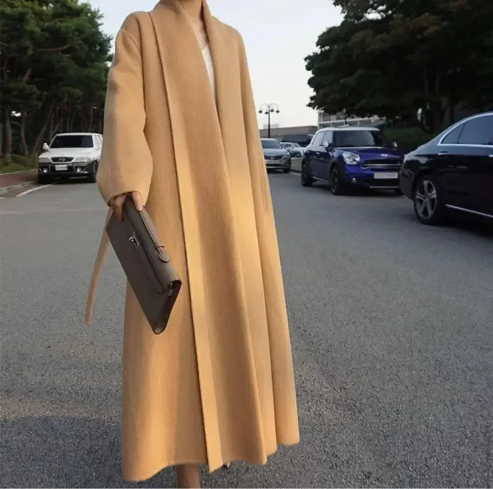 Elegant Korea Chic Woolen Coat for Women - Long Sleeve Loose White Overgarment for Autumn Winter 2023 - GONZALES ONLINE SHOP