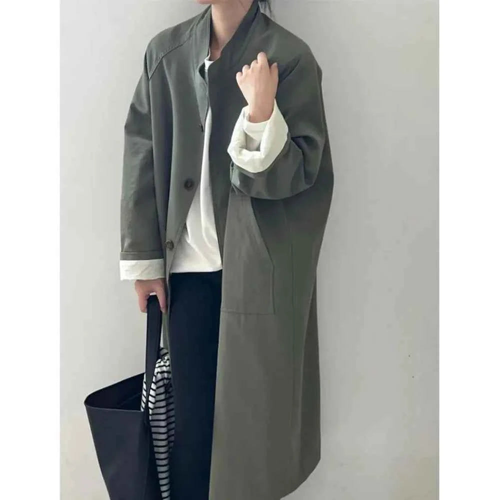 Lazy Loose Stand Up Collar Long Ttrench Coat For Women New Spring Autumn Casual British Style High-end Windbreaker Overcoat