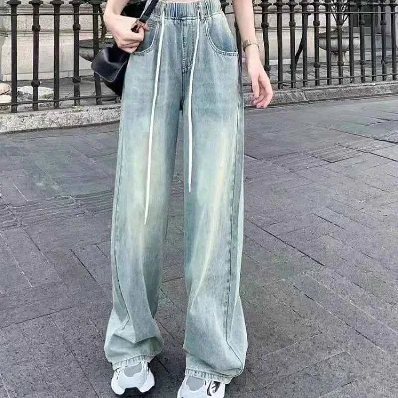 Waist Drawstring Jeans for Women in Spring Summer Korean Version Ins High Waist Slimming Student Straight Wide-leg Floor Pants