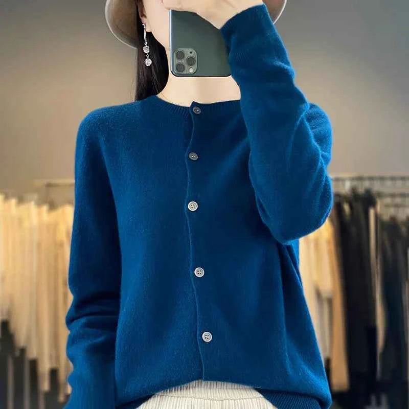 100% Merino Wool Sweater Women O-Neck Cardigan Basic Style Buttoned Knitwear Female Casual Autumn Winter Soft Tops